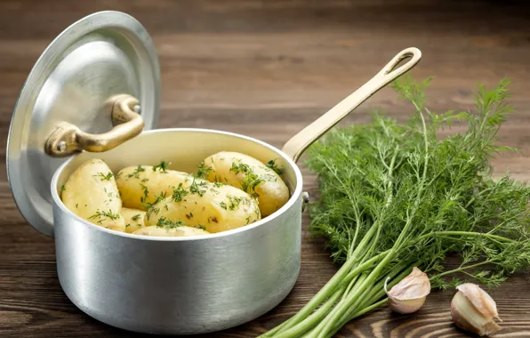 Dill, pan, garlic, potatoes