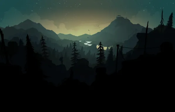 Mountains, Night, Stars, The game, River, People, Forest, Silhouette