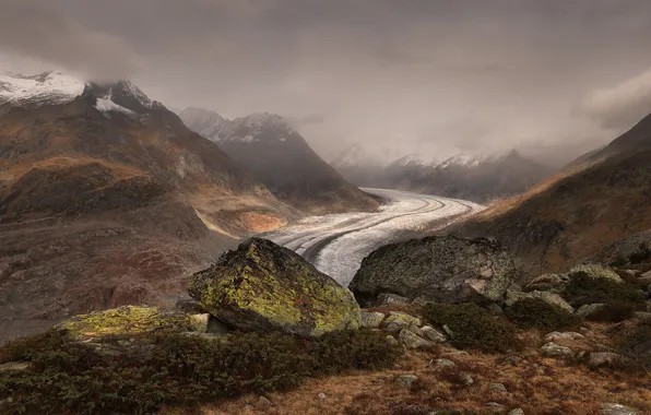 Mountains, fog, stones, space, haze, boulder, Matveev Nikolay, Far and near