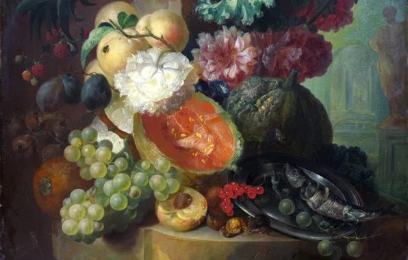 Berries, fly, fish, mouse, still life, peach, currants, gooseberry