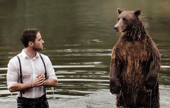 Water, meeting, the situation, bear, guy, stand