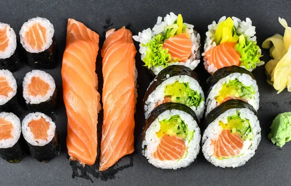 The dark background, food, fish, figure, red, a lot, sushi, rolls