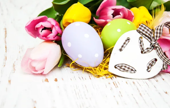 Flowers, eggs, colorful, Easter, tulips, happy, heart, wood
