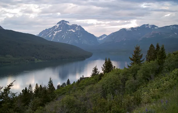 Mountains, lake, Glacier National Park, Two Medicine Lake