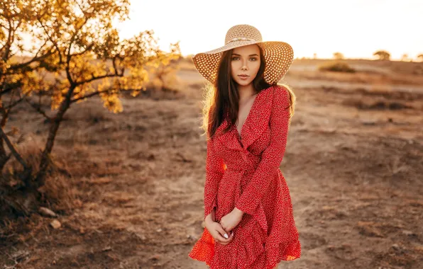 Picture girl, pose, hat, red dress, Heath, Anton Swarovsky, Ksenia Tsibirova