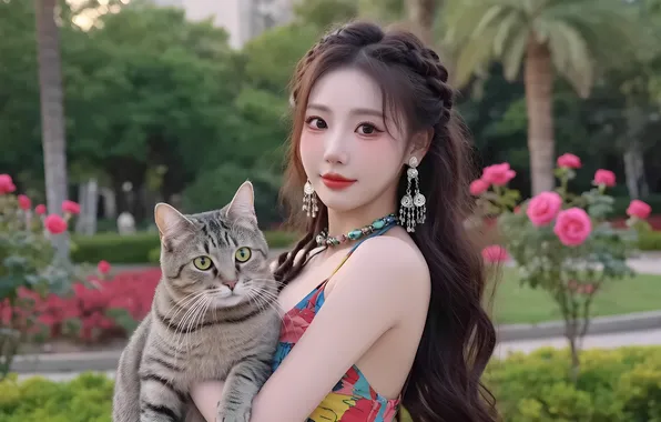 Cat, earrings, braid, Chinese, Asian, long hair, grey cat