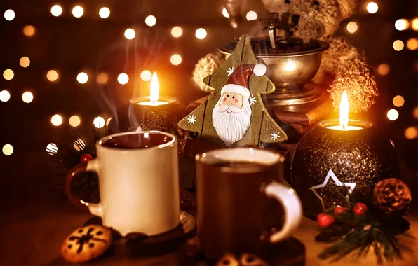 Winter, light, toys, coffee, candle, grain, New Year, cookies