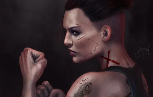 Girl, tattoo, art, fists, shepard, Mass Effect 3, scars