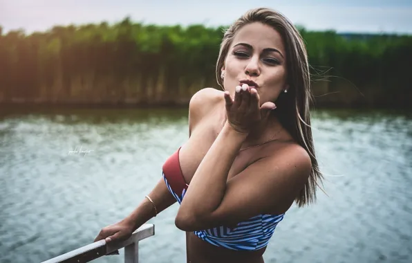 Forest, swimsuit, water, girl, the sun, trees, landscape, nature