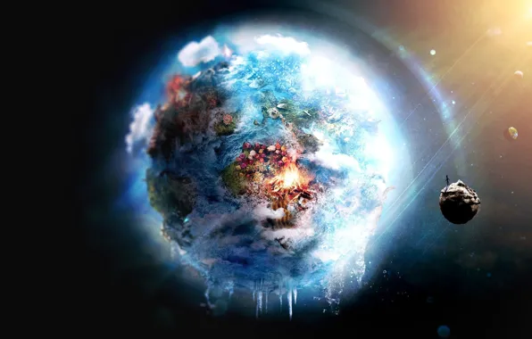 World, fire, Earth, frozen, futuristic, destruction, outer space