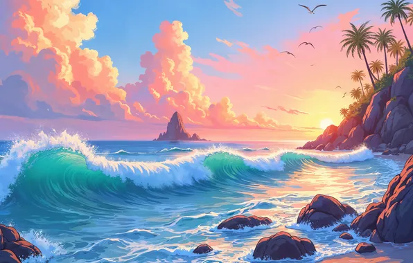 The sun, Sea, Wave, Dawn, Palm trees, Seagulls, Coast, Digital art