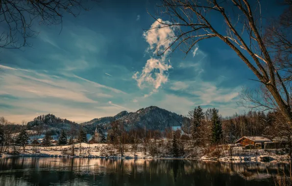 Winter, the sky, clouds, snow, mountains, lake, house