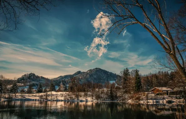 Picture winter, the sky, clouds, snow, mountains, lake, house