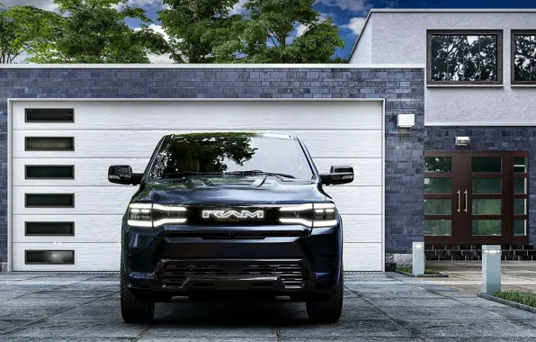 Picture house, garage, front view, exterior, Ram, 2025, Ram 1500 REV Tungsten, Tungsten