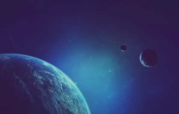 Stars, trail, planet, ships, satellites, art. space