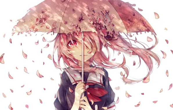 Girl, umbrella, anime, petals, Sakura, tears, art, form
