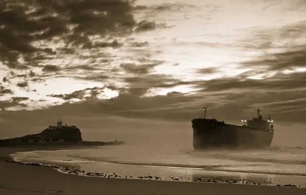 The sky, Sea, Beach, Wave, Lighthouse, Surf, Shore, Ship