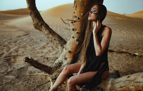 Picture girl, tree, desert, passion, model, Chromatropic