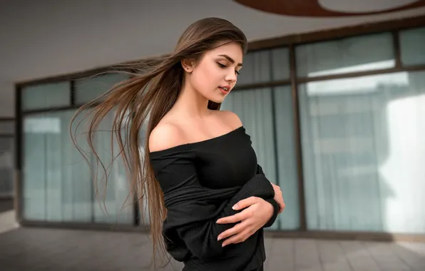 Girl, pose, portrait, makeup, hairstyle, brown hair, beauty, in black