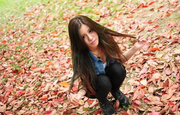 Autumn, leaves, face, hair, beauty, girl Oriental
