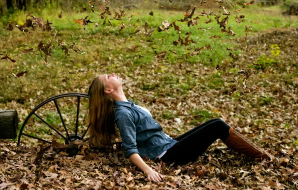 Picture autumn, leaves, girl, flight, Falling