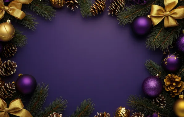 Balls, branches, frame, Christmas, purple, New year, needles, bumps