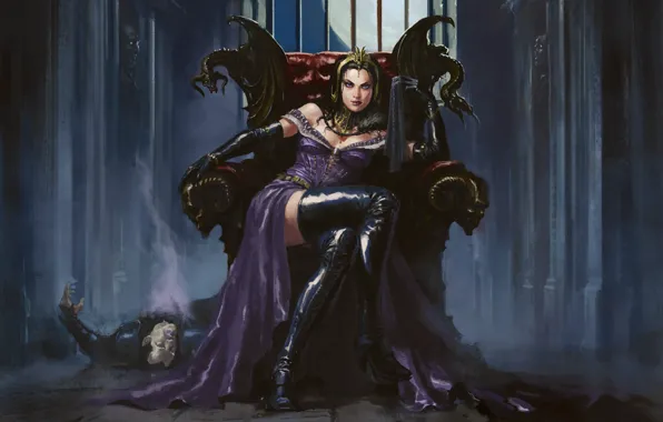 Girl, MAG, necromancer, Liliana, Magic: The Gathering, sitting on the throne
