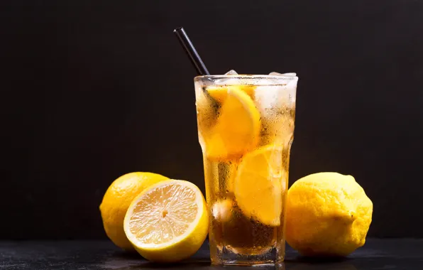 Summer, glass, ice, tube, drink, lemons, lemonade
