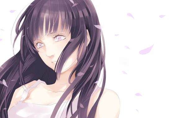 Girl, the wind, petals, white background, Naruto, Hyuuga, Hinata