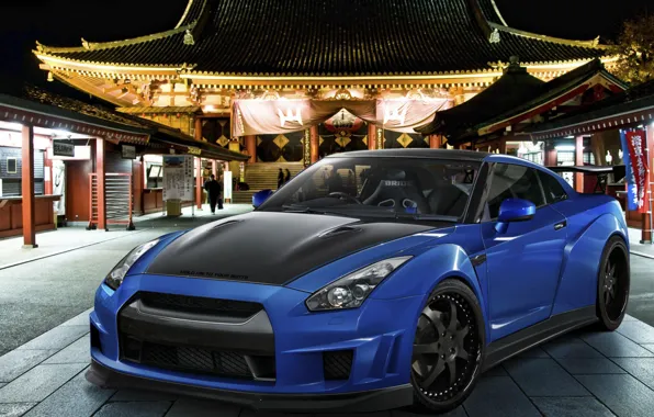 Night, blue, Nissan GTR