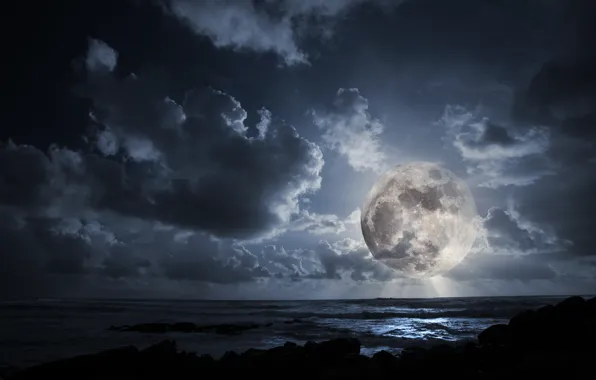 Clouds, night, the ocean, the moon, the full moon
