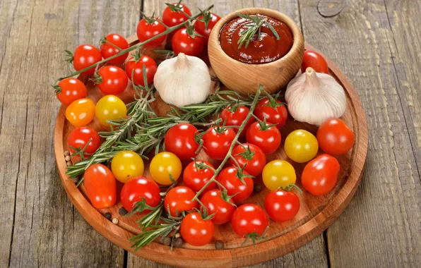Board, vegetables, tomatoes, sauce, spices, garlic