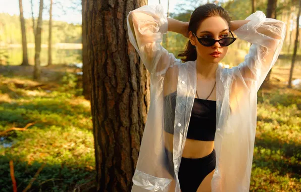 Girl, pose, panties, glasses, top, nature, raincoat, Sergey Bogatkov