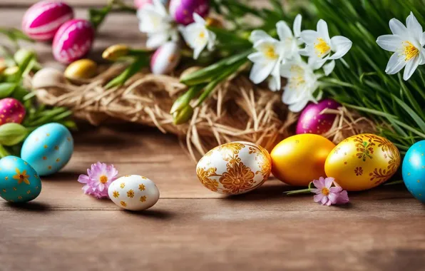 Picture flowers, eggs, spring, colorful, Easter, happy, flowers, spring