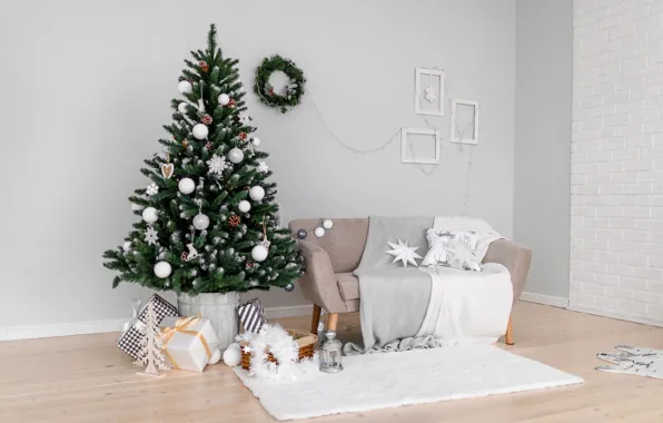 Winter, balls, room, sofa, wall, holiday, balls, interior