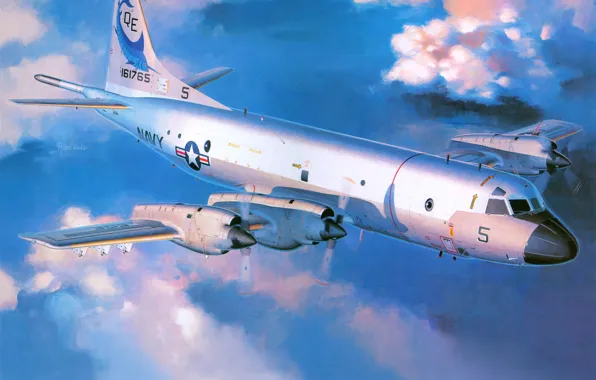 The sky, clouds, figure, art, the plane, Lockheed, Orion, Orion