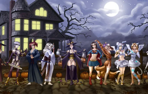 Picture night, house, girls, holiday, the moon, samurai, costume, witch