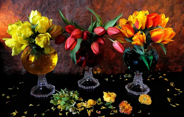 Picture leaves, flowers, petals, tulips, vases
