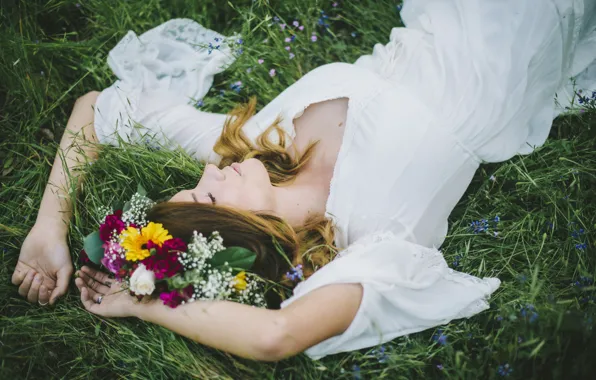 Picture grass, girl, flowers, dress, lies, wreath