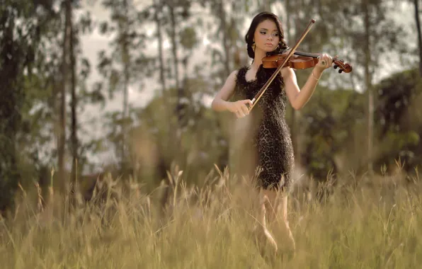 Field, summer, girl, music, violin