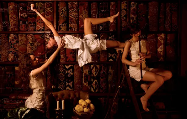 Girls, magic, apples, candles, three, flute, art, carpets