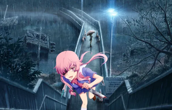 Night, bridge, blood, chase, dagger, the shower, madness, Mirai Nikki