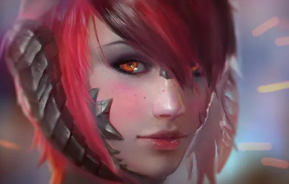 Eyes, look, girl, face, hair, art, lips, horns