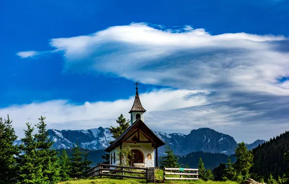 The sky, clouds, mountains, chapel
