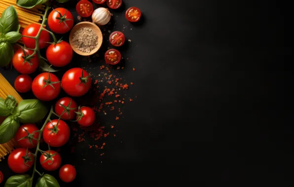 Greens, leaves, the dark background, Board, tomatoes, spaghetti, tomatoes, spices