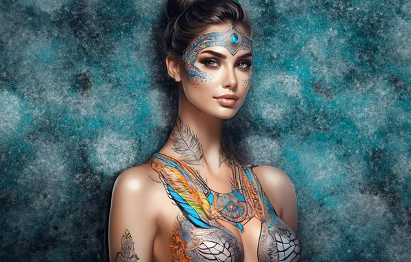 Chest, look, girl, makeup, brown hair, decoration, beauty, painting
