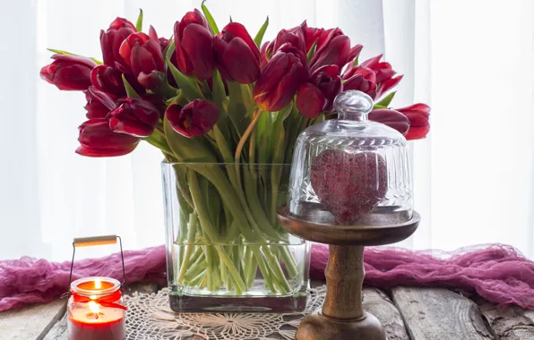 Love, heart, bouquet, tulips, red, red, love, wood