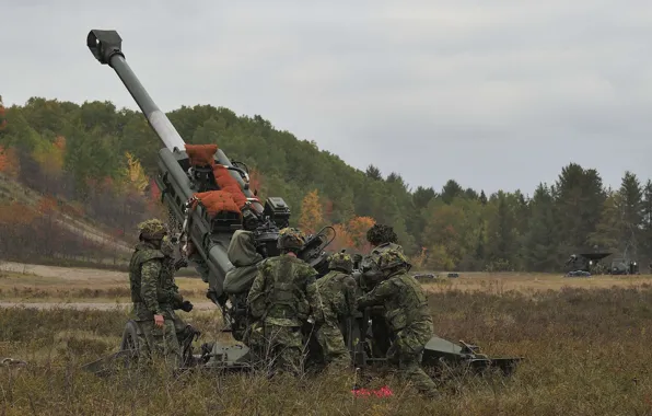 Field, soldiers, artillery, howitzer, 155 mm, M777