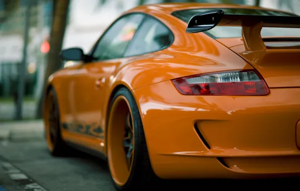 The city, street, blur, Orange, spoiler, Porsche