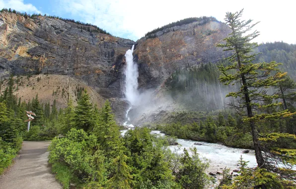 The sky, trees, mountains, river, waterfall, Canada, Canada, Takkakaw Falls